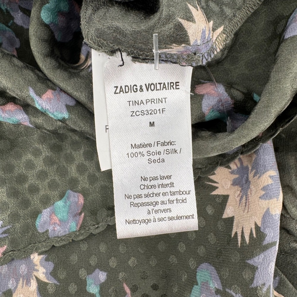 Zadig & Voltaire Tina Print Blouse Women Med Green‎ Silk Floral V-Neck ZCS3201F - Picture 5 of 8